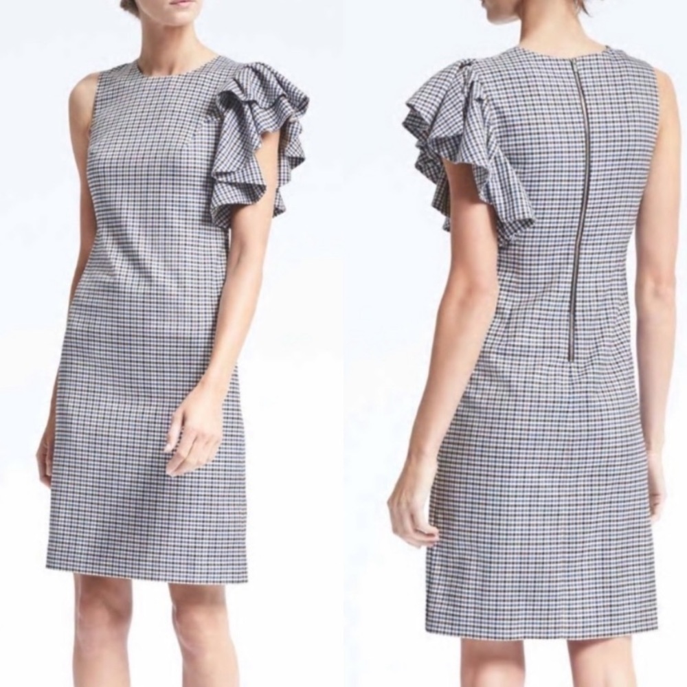 Banana Republic Black & White Check Ruffle Sleeve Sheath Dress